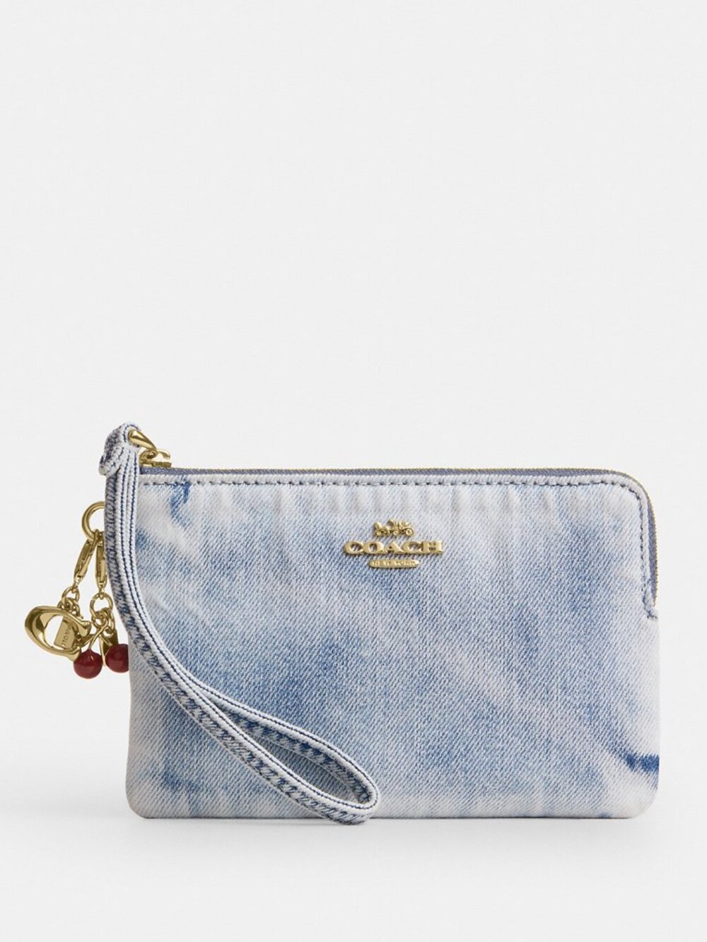 Coach Corner Zip Wristlet In Loved Denim With Charms